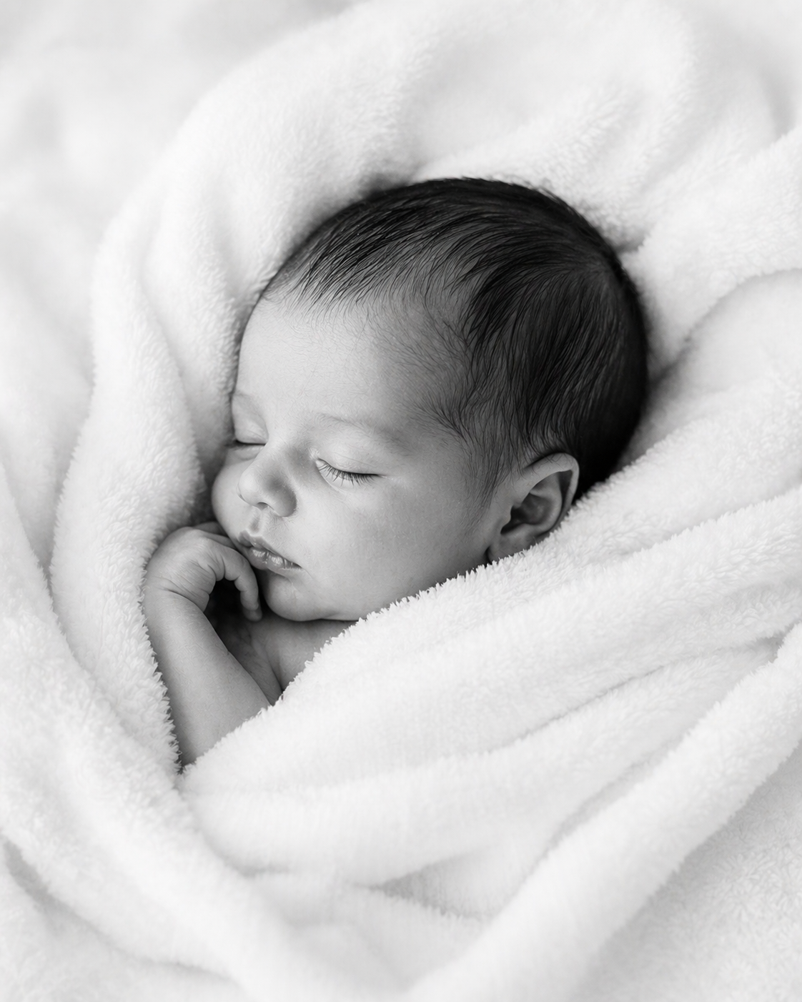 Sleeping newborn wrapped in a soft cream blanket during a Dolce Vita Doulas photography session.